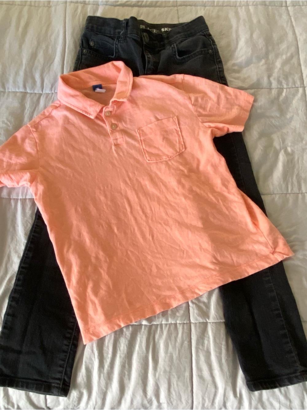 Place Stretch Skinny Jeans in Washed Black and old navy polo shirt in orange